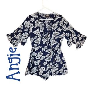 Angie Womens Faux Wrap Romper Sz L Blue White Flowers Tiered Ruffle Sleeves